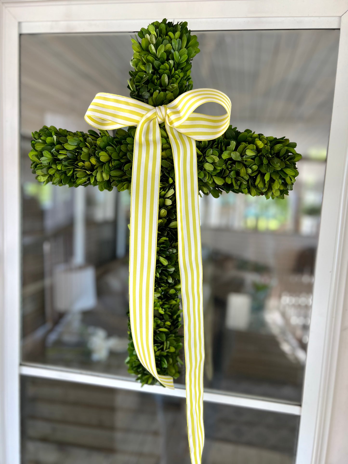 Boxwood Cross Wreath (Yellow/Green Stripe Ribbon)