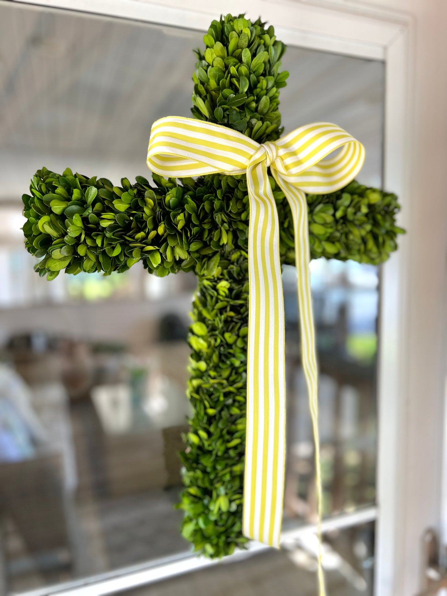 Boxwood Cross Wreath (Yellow/Green Stripe Ribbon)